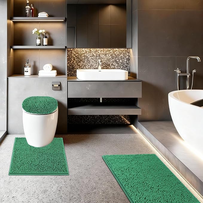 Bathroom Rugs Sets 3 Piece with Toilet Seat Cover 19.5"x 18.5" | Machine Washable Bath Rug Set with Tpr Non Slip Rubber Backing Solid Bath Mat Set for Luxury Bathroom Decoration