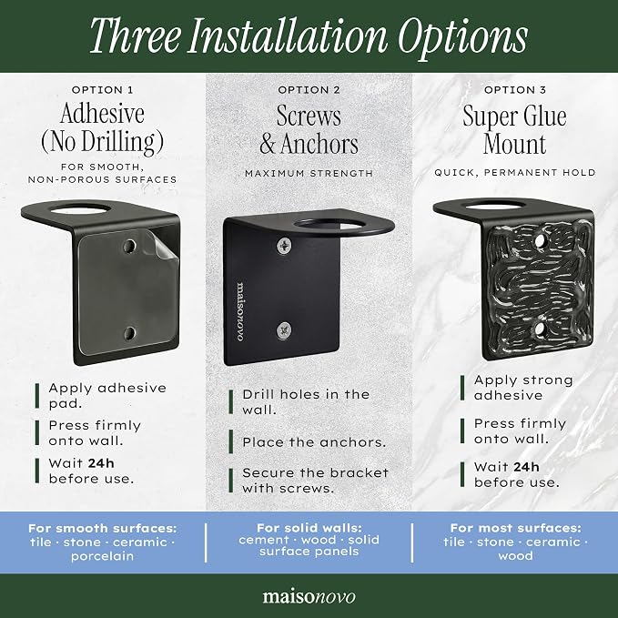 MaisoNovo Shampoo and Conditioner Dispenser|Refillable Black Set of 3 | 500 ml Shower Gel Dispenser Set of 3. Refillable Shampoo and Conditioner Bottles. Drill Free Secure Design. Black