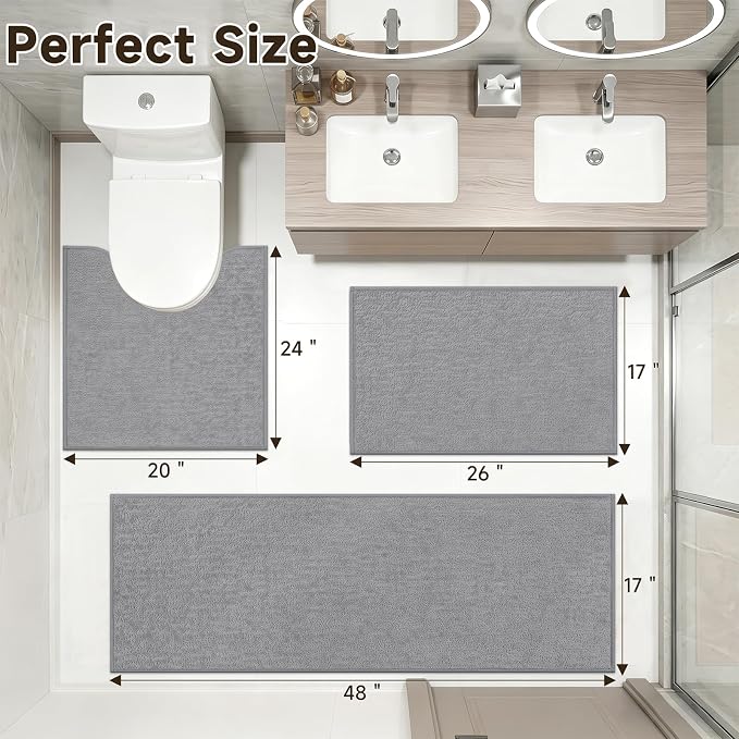 Pauwer Bathroom Rugs Sets 3 Piece, Ultra Thin Bath Mat Set, Light Grey | Non Slip Washable, Quick Dry, Super Absorbent, U-shaped Contour Toilet Rug, Low Pile, For Floor Sink Shower Room