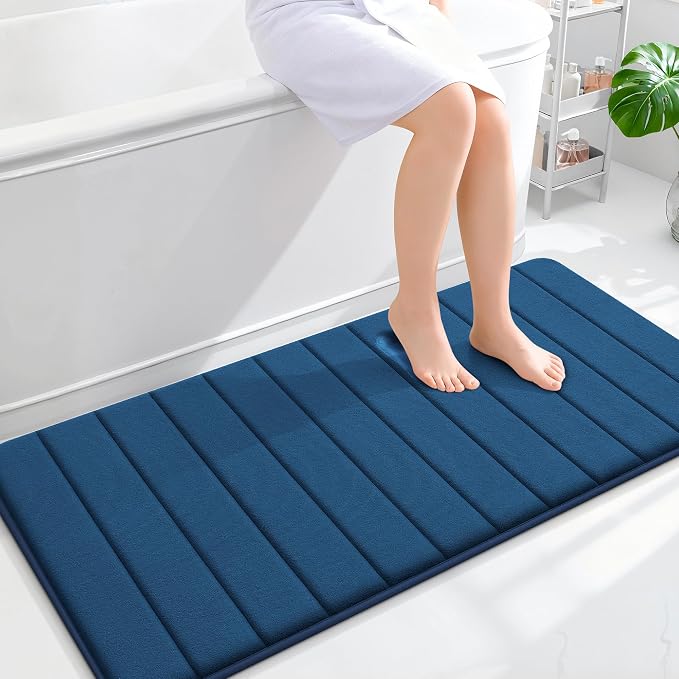 OLANLY Memory Foam Long Bathroom Rugs Runner 47x24, Super Soft Absorbent | Navy Blue, Quick Dry Bath Mat, Machine Washable Shower Floor Rugs, Bathmat Carpet for Bathroom Floor, Tub and Shower