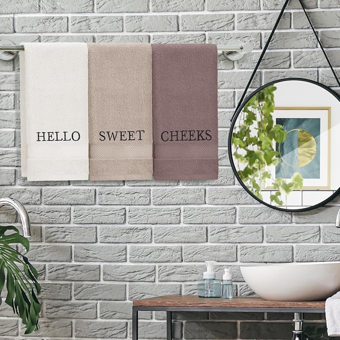 3 Pcs Hand Towels Bathroom Set,Brown,Hello Sweet Cheeks | Embroidered Cotton Farmhouse Towels, Kitchen Decor, Rustic Boho Decorative with Text Labels, Guest Bath Home