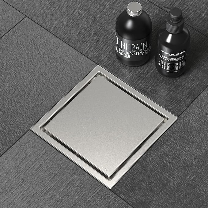 ELLO&ALLO 6 Inch Square Shower Drain Floor Drain with Flange Reversible 2-in-1 Cover Tile Insert Grate Removable SUS304 Stainless Steel in Brushed Nickel