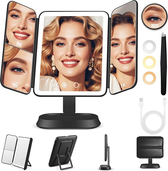 GOMIPURU Makeup Mirror with Lights and 30X/10X/5X Magnification, Vanity Mirror with 3 Color Lights, Rechargeable, Detachable, Lighted Makeup Mirror with Magnification, Trifold Mirror, Gifts, Black