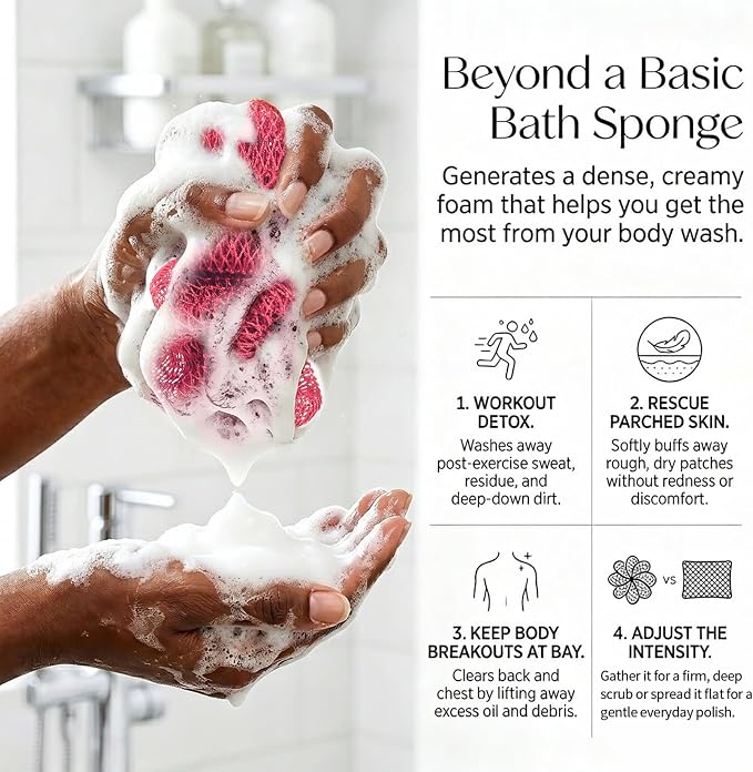 UJFQBH African Net Sponge Authenti, Exfoliating Body Scrubber for Back and Hard to Reach Areas, Gentle Daily Exfoliation for Deep Cleansing, Quick Drying Shower Essential, Berry Pink 3 Pack