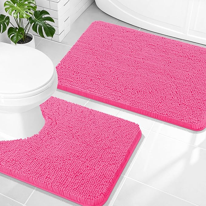 OLANLY Chenille Bathroom Rugs Mats Sets 2 Piece, 30"x20"+24"x20", Hot Pink | Soft Absorbent Bath Mat and U-Shaped Contour Toilet Rug Set, Quick Dry, Machine Washable Bath Carpet, Home Decor Accessories