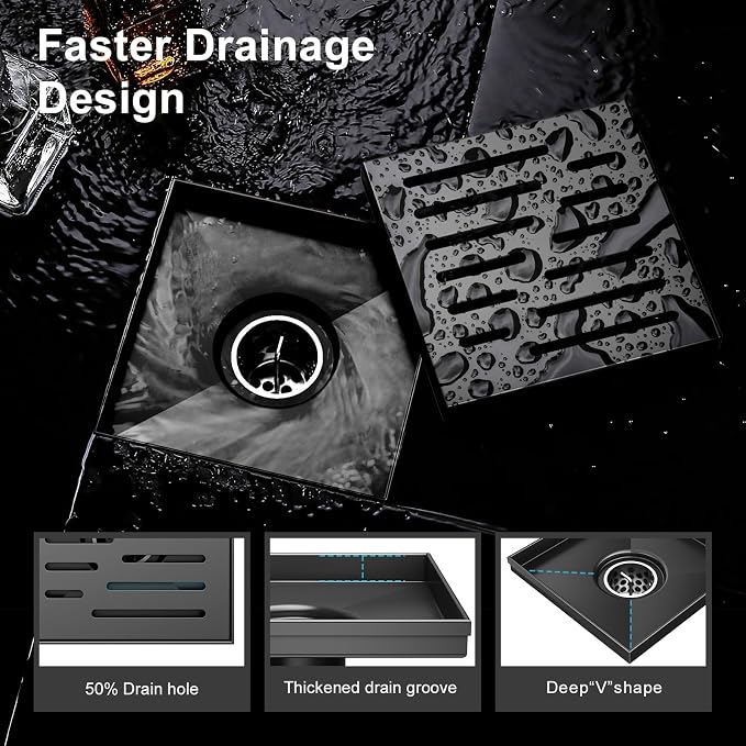 6 Inch Square Shower Drain, EMBATHER 304 Stainless Shower Floor Drain and Shower Drain Cover Included Hair Catcher and Leveling Feet, Black