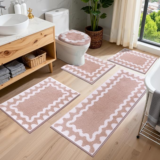 Findosom Bathroom Rugs Sets 5 Piece, Absorbent Soft Non-Slip Bath Rug Set | Washable Microfiber Shaggy Bath Mat Set with Bathroom Runner Rug, U-Shaped Toilet Rugs, Shower Rug & Toilet Lid Cover, Pink
