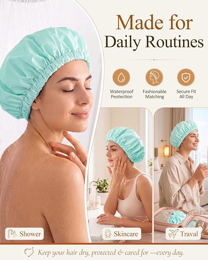 Edoneery Shower Caps for Women Reusable Waterproof, Shower Hair Cap | Washable Bonnet, Wide Elastic Band, Large Fit, Holds Long Hair, Braids Friendly, Bath Accessories, Spa, Travel