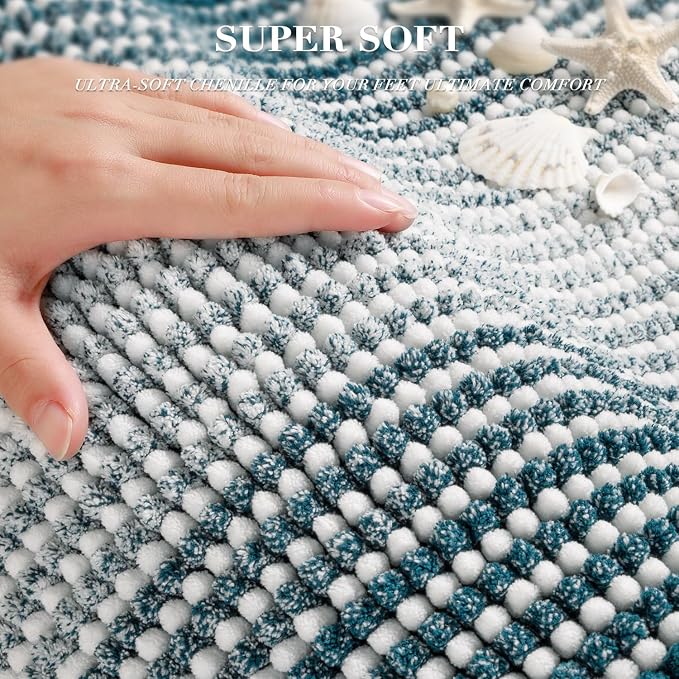 Bathroom Rugs Sets 2 Piece, Non Slip Striped Bath Mats, Teal | 24"x70" Plus 20"x32", Soft Absorbent Chenille, Quick Dry Machine Washable, Shower Rug for Bathroom Floor, Tub, Bedroom Decor