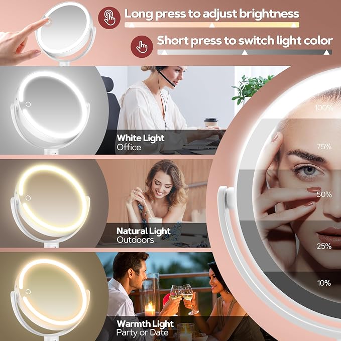 B Beauty Planet Vanity Mirror with Lights, 30X Magnifying Makeup Mirror, 3 Lighting and Adjustable Brightness, Rechargeable 2-Sided Height Adjustable Desk Mirror for Bedroom, Gifts for Women Black