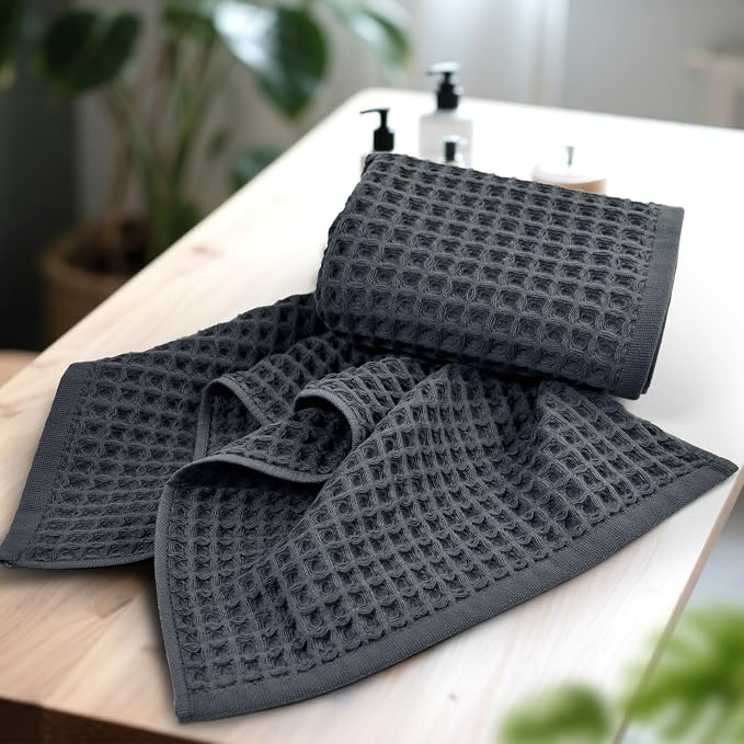 Jacquotha Waffle Hand Towels for Bathroom 5-Piece (Charcoal Blue) | Cotton Quick Dry Lint Free Face Towels 13” x 29”