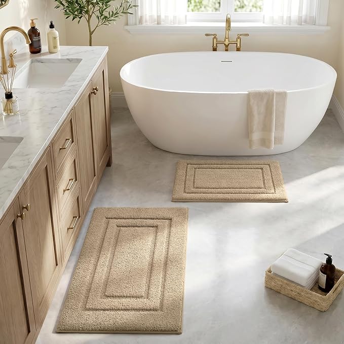 HOMEIDEAS Bathroom Rugs Sets 2 Piece, Soft Non Slip Bath Mat Khaki | Ultra Absorbent, Microfiber Machine Washable Bath Rug Set, for Bathroom, Tub, Shower 20" x 32" + 16" x 24"
