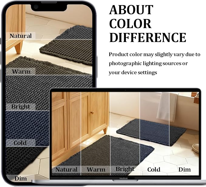 JIUZHEN Set of 2 Waffle Bath Mats Boho Bath Rugs 16"x24"+18"x30", Black | Non Slip, Super Absorbent, Washable, Ultra Soft, Fast Drying Waffle Bathroom Rugs for Bathroom Floor, Tub, Shower