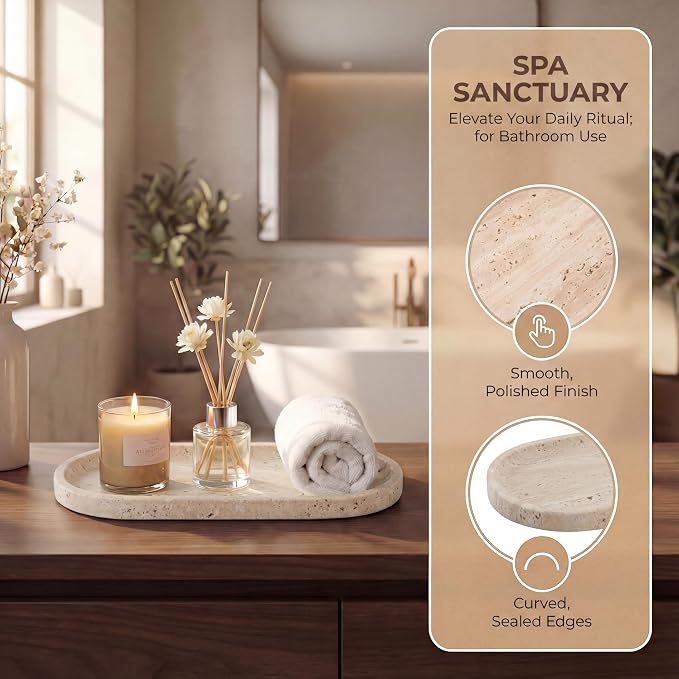 YKAJO Natural Travertine Beige Oval Marble Tray, 11.8x5.9 Vanity Organizer | Honed natural stone; jewelry & trinket dish, ring & key holder, soap & candle catchall; bath counter, dresser, coffee table