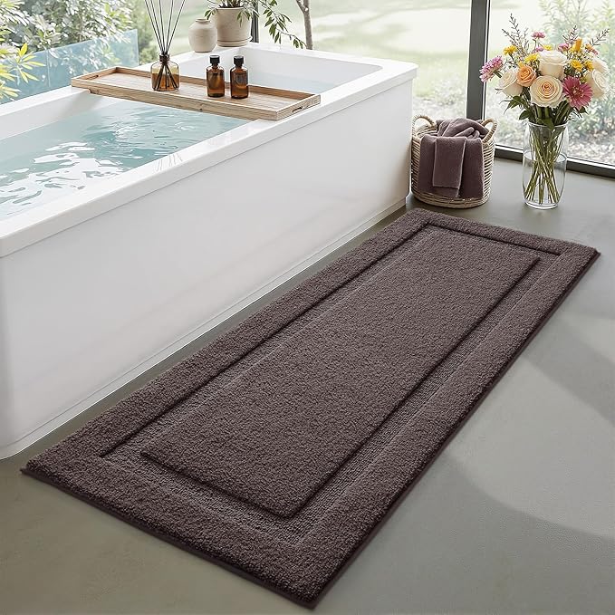 LUMI Ultra Soft Bathroom Runner Rugs, Non Slip Bath Mat 24x60, Brown | Machine Washable with Rubber Backing, Quick Dry, Premium Microfiber Carpet for Bathtub and Shower Floor