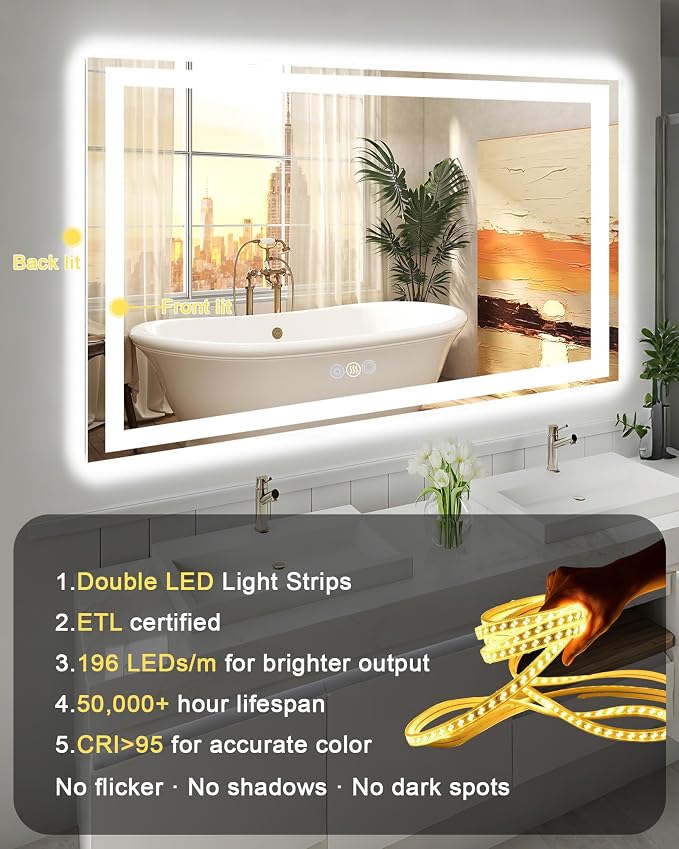 60x36 LED Bathroom Mirror, 6000LM, Separate Front and Back Lights | Shatter-Resistant Tempered Glass,Auto-Off Defogger,3 Color Modes,Smooth Dimming,Smart Memory Setting