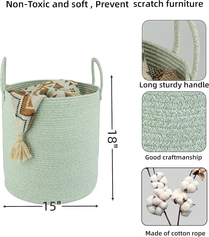XUANGUO Cotton Rope Laundry Basket Hamper for Clothes Woven Storage Basket for Living Room Bedroom Boho Tall Rope Baskets for Blanket Toys Pillow Towels Baby Nursery Hamper Bin green
