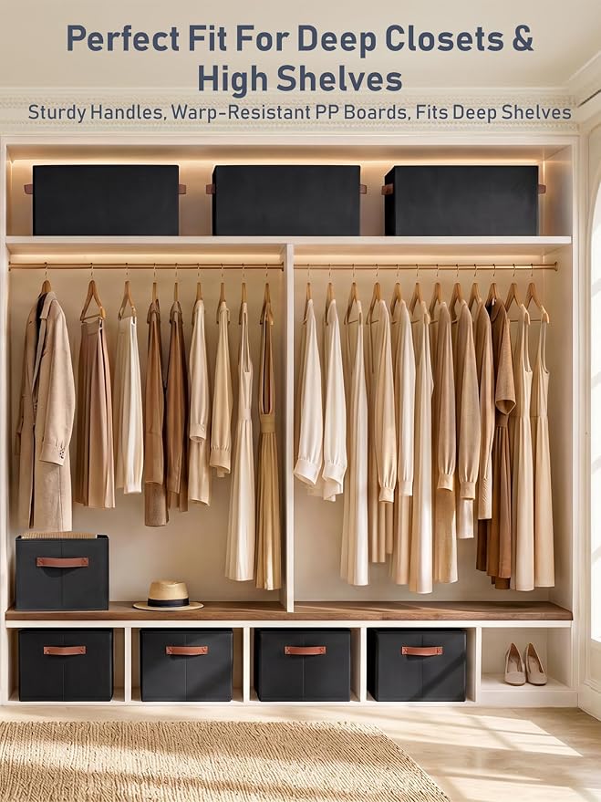 8 Pack Large Closet Storage Baskets Bins for Shelves, Collapsible Fabric Closet Organizers and Storage with Polyester Handles, Decorative Baskets for Organizing Clothes, Towels, Linen Closet 14"x10"