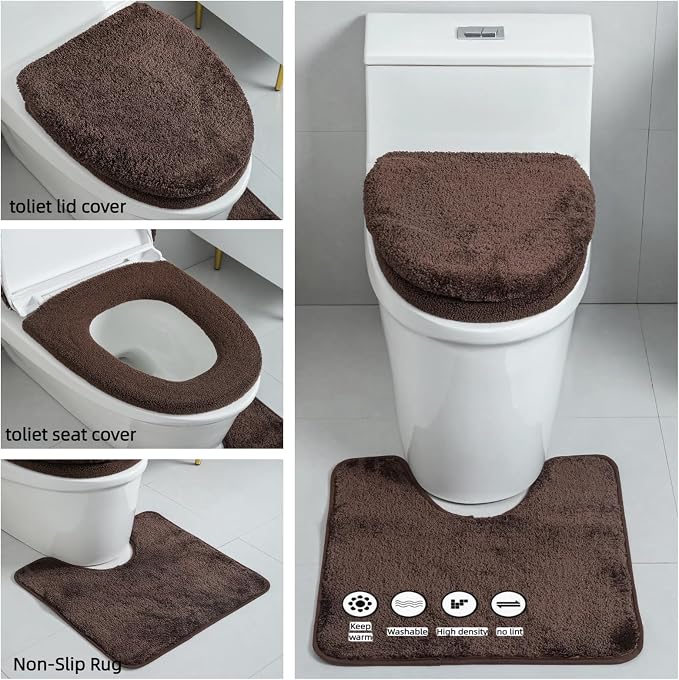 3piece Toilet Seat Cover Set - Toilet Seat Cover +Toilet Lid Cover + toilet rugs u shaped washable, Fits Most Elongated Round and Oblong Toilet,(Machine Washable,Quick-Dry) coffee