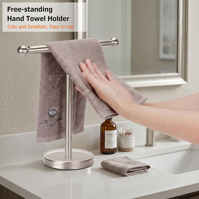 Hand Towel Holder Standing, T-Shape Towel Rack with Heavy Base, Regular Sized Hand Towel for Bath (Brushed Nickel, Stainless Steel)