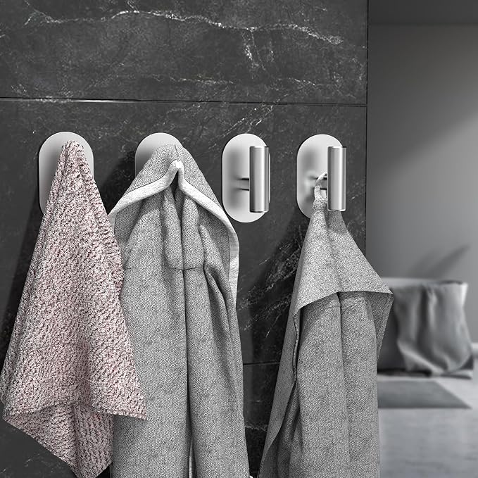Aikzik Silver Adhesive Hooks Heavy Duty-Max 26lb, Wall Hooks for Shower, Bathroom, Towel, Coat, Robe, Stainless Steel Hooks for Hanging, Sticky Hooks for Walls No Damage- 4 Pack