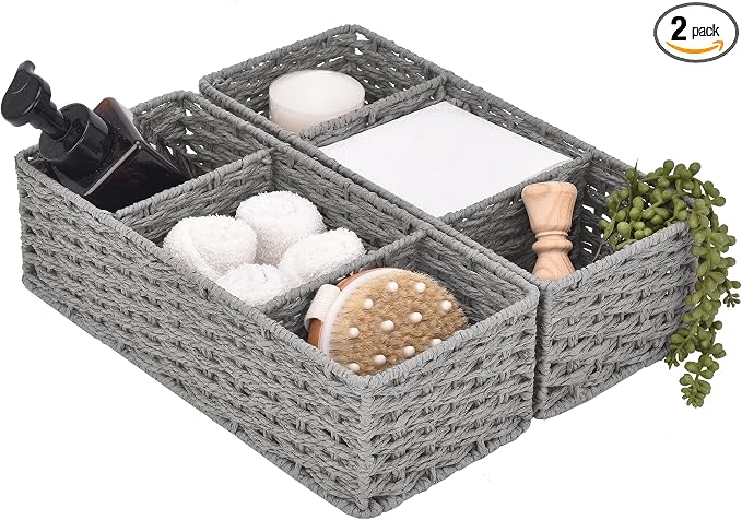 StorageWorks 3-Section Wicker Baskets for Shelves, Hand-Woven Round Paper Rope Storage Baskets, Gray, 2-Pack