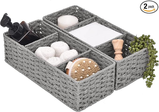 StorageWorks 3-Section Wicker Baskets for Shelves, Hand-Woven Round Paper Rope Storage Baskets, Gray, 2-Pack