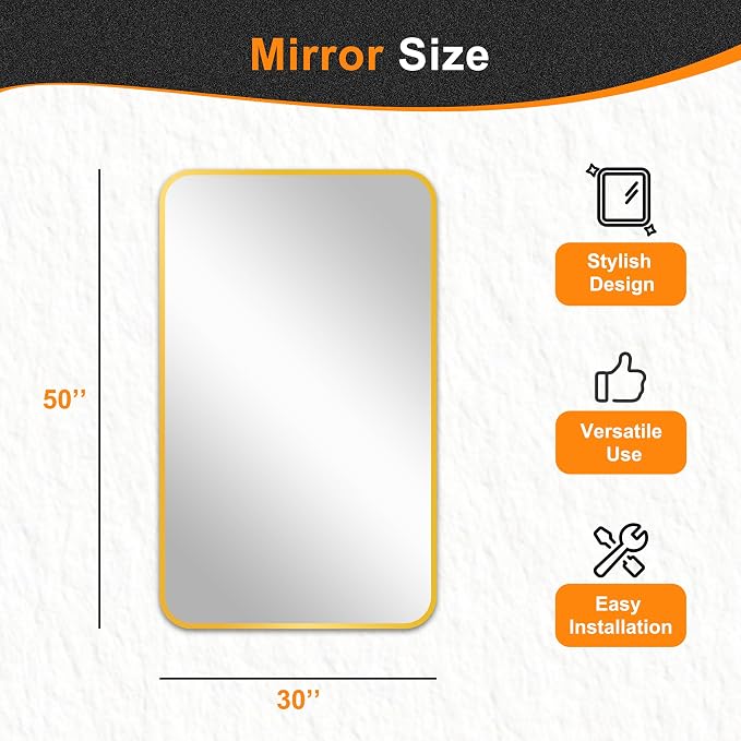 Delma Bathroom Vanity Mirror, Gold Framed Mirror for Over Sink, 50x30 | HD glass, distortion-free for makeup and grooming, Sturdy frame, all mounting hardware, hangs horizontal or vertical