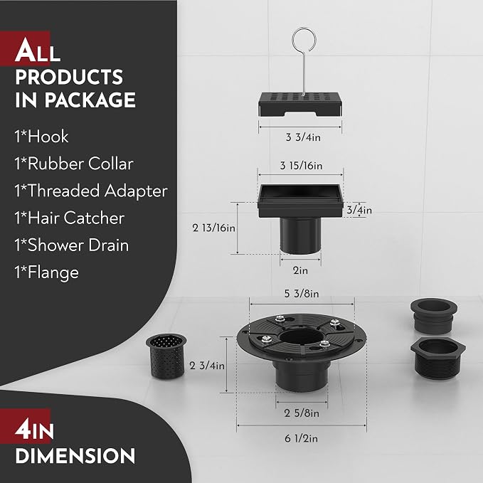 WEBANG 4 Inch Square Shower Drain Black Floor Drain with Flange Square Holes Pattern Cover Grate Removable SUS304 Stainless Steel Watermark&CUPC Certified Matte Black