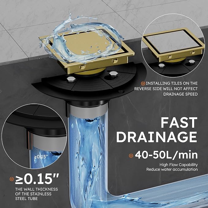 4 Inch Gold Square Shower Drain Kit with Flange,Modern Floor Drain with 2-in-1 Cover Tiled Insert Grate,Stainless Steel SUS 304