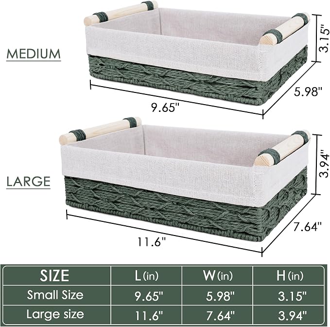 Wicker Storage Basket with Wooden Handle – Paper Rope Decorative Toilet Paper Baskets & Bathroom Organizer for Toilet Tank Top, Shelves, Bedroom, Countertop,Home,Office Storage Bins, 2 Pack,Dark Green