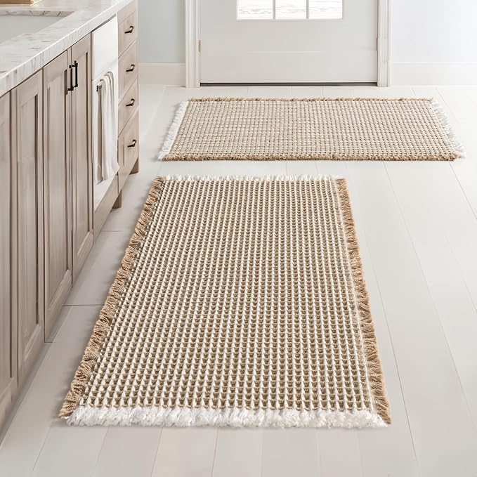 MIULEE Set of 2 Waffle Bathroom Rugs Boho Bath Mat Brown&White 20x32 Inch | Non Slip, Super Absorbent, Washable, Ultra Soft, Rubber Backed Bath Rugs for Bathroom Floor Tub Shower