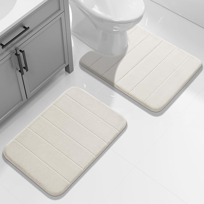 Yimobra Memory Foam Toilet Bath Mat U-Shaped, Commode Contour Rug, Soft and Comfortable, Super Water Absorbent, Non-Slip, Thick, Machine Wash Bathroom Commode Contour Rug, 24 X 20 Inches, Cream