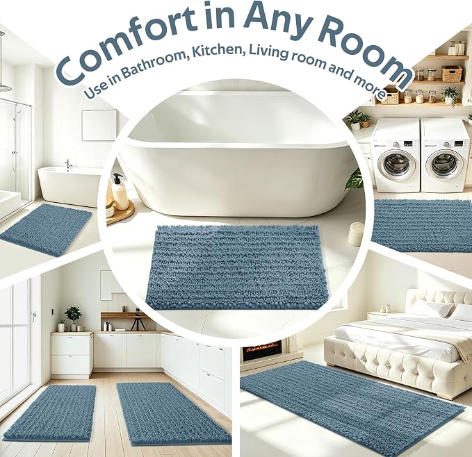 ACCUMTEK Upgrade Extra Large Haze Blue Bathroom Rug Set 3 Pieces Ultra Soft, Thick Absorbent Bath Mats, Non Slip Chenille Toilet Mat for Bathroom, Bedroom, Kitchen, Stone Blue