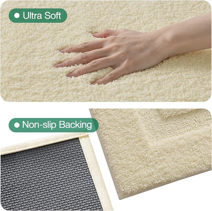 LUMI Soft Bathroom Rugs Absorbent, Non Slip Bath Mat 24x60, Ivory White | Machine Washable with Rubber Backing, Quick Dry, Premium Microfiber Carpet for Bathtub and Shower Floor