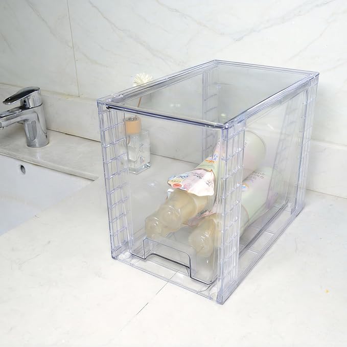 High Clear Stackable Storage Drawers(4 Pack), High-strength Plastic Organizer Bins with Handles for Skincare Bathroom Cabinet Vanity Undersink Kitchen Pantry BPA-Free Storage Containers