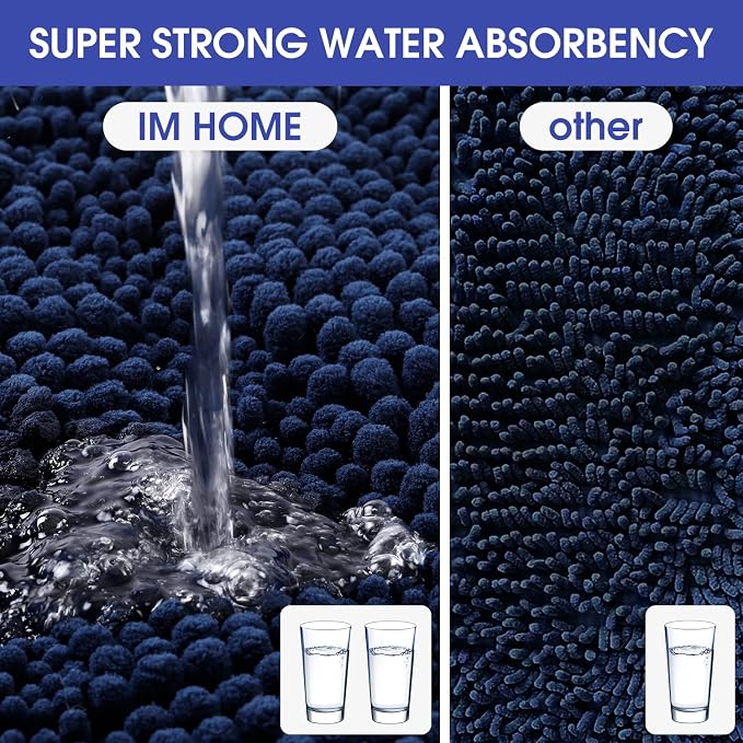 ACCUMTEK Striped Navy Blue Bathroom Rug Mat 48"x17" Ultra Soft, Non Slip Chenille Bath Rugs, Absorbent Plush Shaggy Bath Mats for Bathroom, Bedroom, Kitchen, Shower, Tub