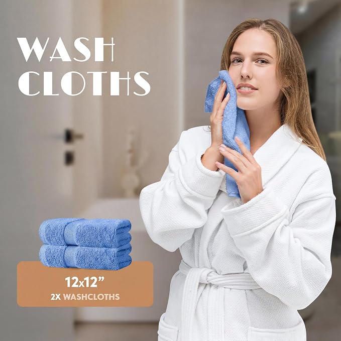 White Classic Light Blue Bath Towel Set of 6-100% Cotton Highly Absorbent Towels for Bathroom, 2 Luxury Bath Towels 650GSM, 2 Hand Towels, 2 Washcloths