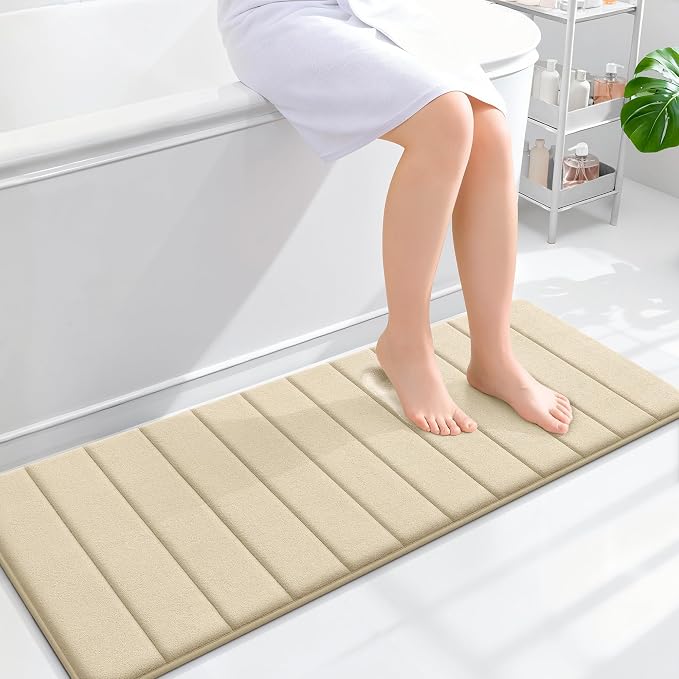 OLANLY Memory Foam Long Bathroom Rugs Runner 47x17, Super Soft Absorbent | Beige, Quick Dry Bath Mat, Machine Washable Shower Floor Rugs, Bathmat Carpet for Bathroom Floor, Tub and Shower