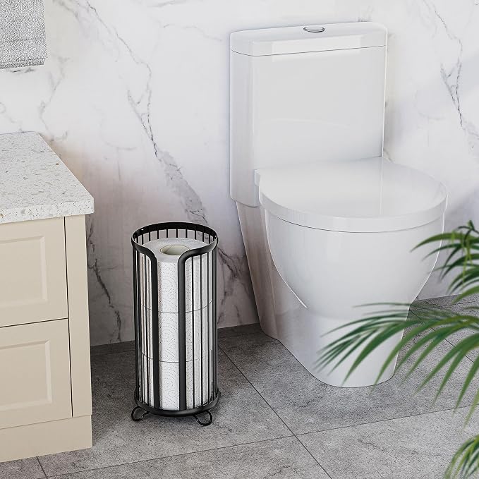 Bunoxea Toilet Paper Holder Stand, Freestanding Toilet Paper Storage,Black | Waterproof Raised Feet,Rustproof,Fit 3 Mega Rolls,No Drilling No Assemble,Minimalistic Storage,Space-saving Renter Friendly