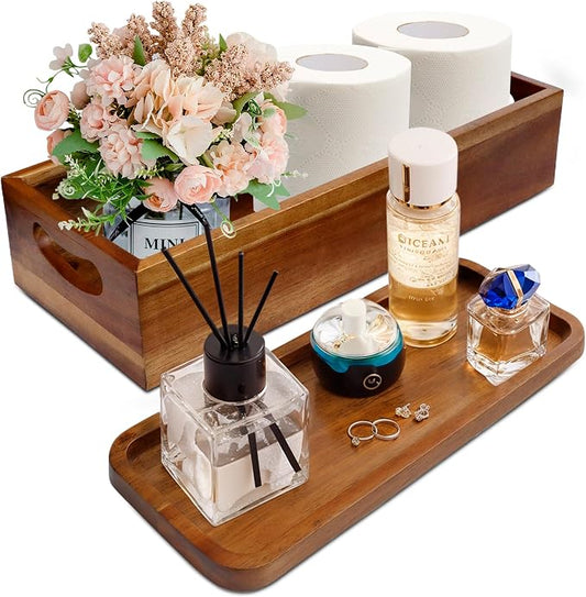 DEMIGO Toilet Tank Topper & Vanity Tray, Natural Acacia Wood Decor Set | 2-Pack Storage Tray, Handmade Wooden Tank Basket Cover for Bathroom, Kitchen, Home & Spa, Smooth Durable Artisan