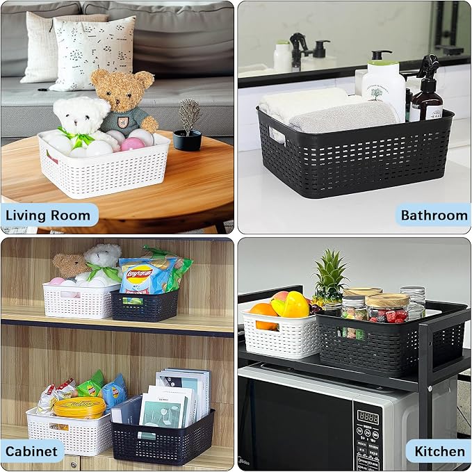 Soddeph Plastic Storage Baskets for Cabinets, Household Pantry Organization with Handle,Organizer Bins for Room,Bathrooms,Under-Sink,Kitchen (Black, M-3PACK)