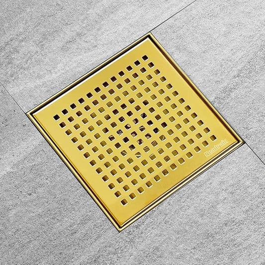 Neodrain 6 in Brushed Brass Square Shower Drain with Removable Quadrato Pattern Grate, PVC Shower Drain Base and Rubber Gasket, Gold 6" Square Drain with CUPC Certified, Golden Hair Strainer