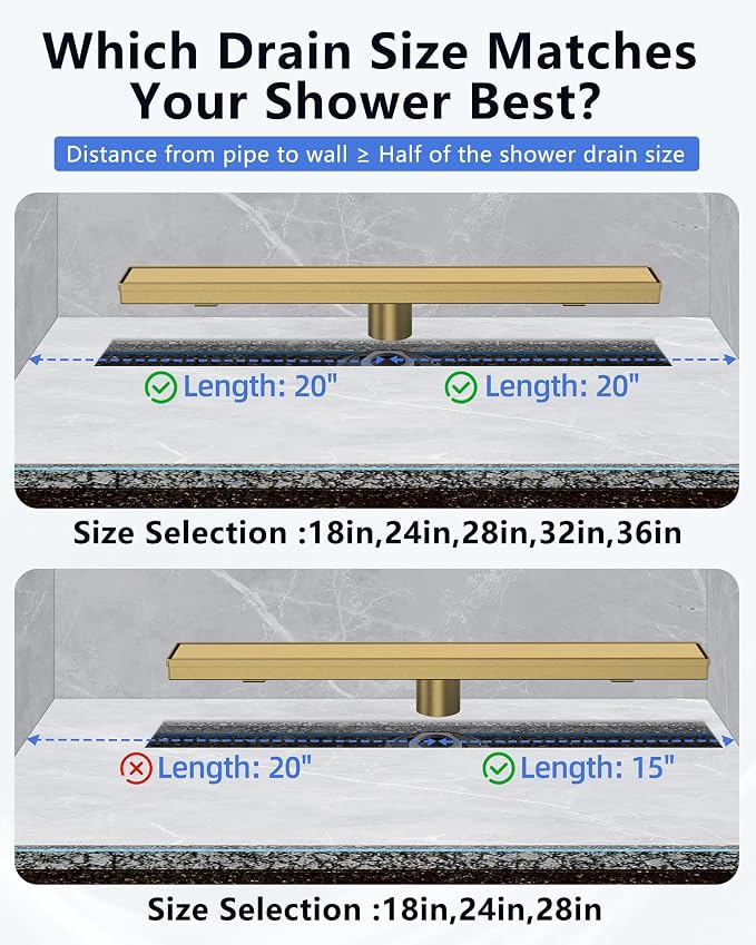 YEFU Gold Linear Shower Drain for Bathroom: 48 Inch Shower Drain with Tile Insert Grate - 304 Stainless Steel Rectangle Linear Drain - 2-in-1 Brushed Gold Shower Floor Drain