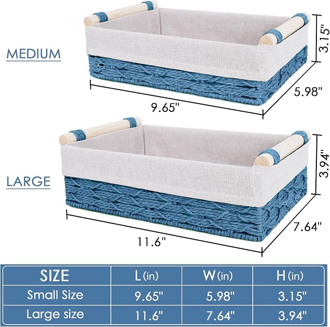Wicker Storage Basket with Wooden Handle 2 Pack–Paper Rope Decorative Toilet Paper Baskets & Bathroom Organizer for Toilet Tank Top, Shelves, Bedroom, Countertop,Home,Office Storage Bins,Dusty Blue