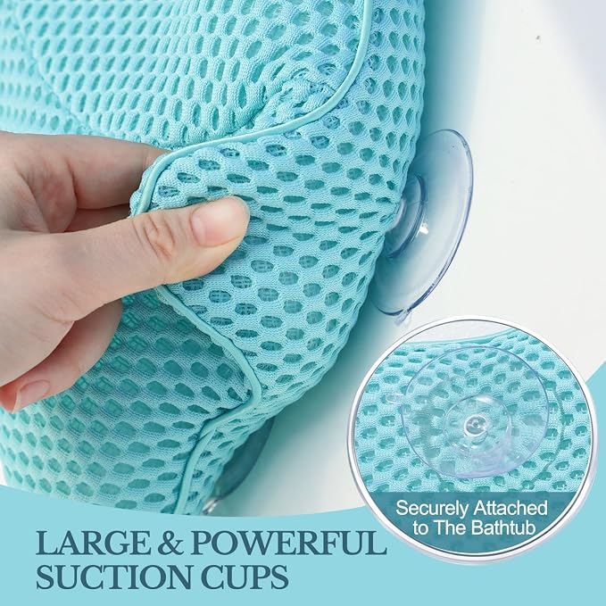 Non Slip Bath Pillow, Luxury Spa Bathtub Head & Neck Rest Support, Permeable Quick Drying Air Mesh Tub Pillow with 4 Large Suction Cups, Fits Any Tubs, Soft and Relaxing-Lake Blue