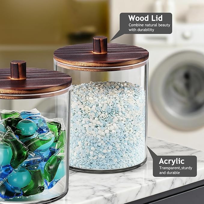 SheeChung 1 Pack 50 Oz Dark Wood Lid Large Apothecary Jar - Rustic Farmhouse Laundry Room Decor - Container for Bathroom Organization - Clear Storage Canister for Scent Beads & Salts