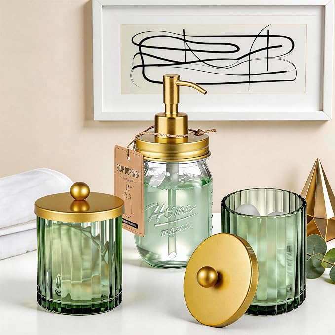 Amolliar Sage Green Glass Qtip Holder Dispenser, Bathroom Canister Apothecary Jar for Cotton Swabs, Cotton Balls, Round Pads, Floss Picks, Countertop Storage Organizer Container for Vanity,Gold 2 Pack