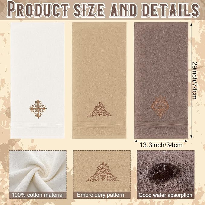 3 Pcs Vintage Brown Hand Towels Fancy Bathroom Decor | Embroidered Scroll Flower Design, 100% Cotton, Brown Bathroom Kitchen Decor, Absorbent Towels, Holiday Housewarming Gifts