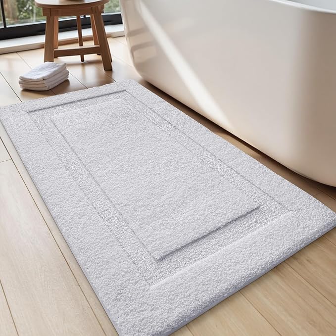 LUMI Large Bathroom Rugs Soft Absorbent, Non Slip Bath Mat 24x43, White | Machine Washable with Rubber Backing, Quick Dry, Premium Microfiber Plush Carpet for Bathtub and Shower Floor